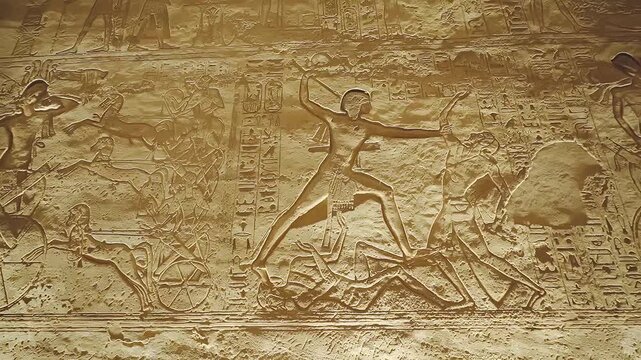 4k footage of Interior view of the famous abu simble temple that is decorated with gods figures and hieroglyphs in aswan in Egypt. 