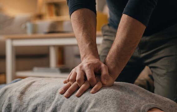 CPR Assistance: Close-up of a person performing cardiopulmonary resuscitation (CPR) on another person, demonstrating life-saving intervention in an emergency.