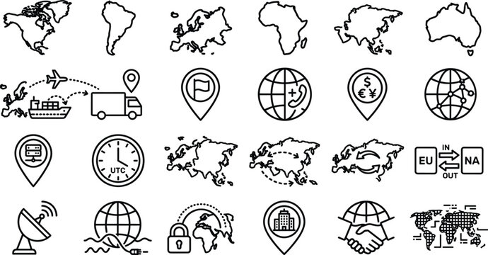 Global Trade and International Business Line Icon Set with Continent Map Shipping Location Handshake and Currency for Import Export Design