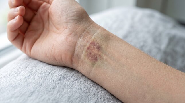 A close-up shot of a person's pale wrist showing a visible reddish-purple bruise on the inner forearm, resting on a light grey fabric.