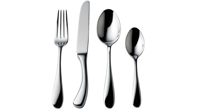 Isolated modern shiny stainless steel cutlery set with fork, knife, tablespoon and teaspoon