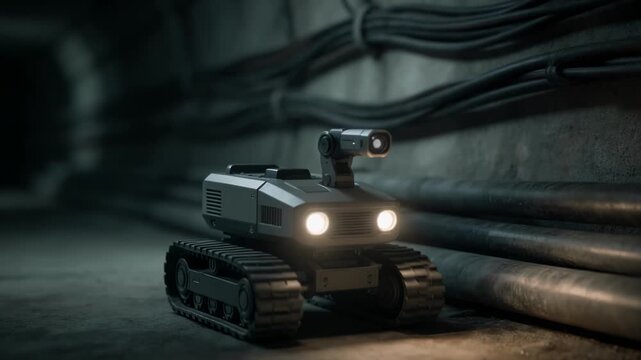 Medium shot of a small robotic crawler inspecting cables in a dim utility tunnel main device sharply focused with blurred background wires creating depth.