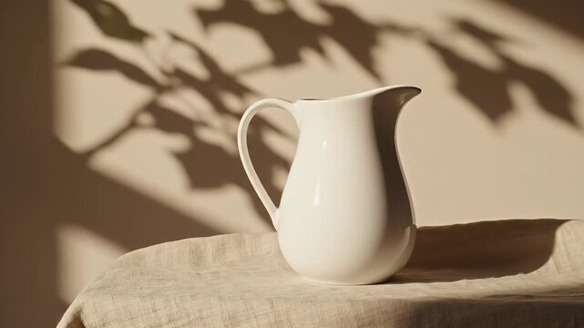 A white ceramic pitcher sits on a textured cloth surface with dramatic leaf shadows cast behind it