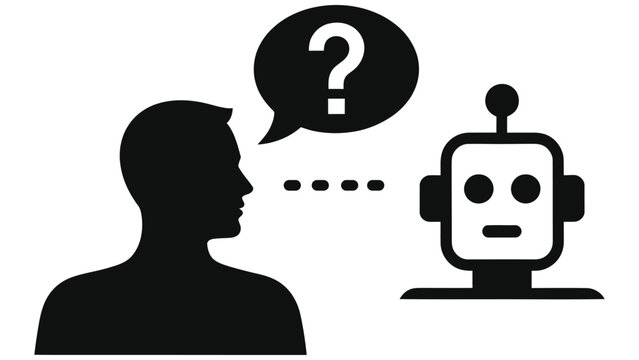 Human Asking Question to AI Chatbot Vector Illustration - Minimalist Black Silhouette Profile Talking to Artificial Intelligence Robot Icon with Speech Bubble and Question Mark