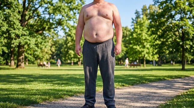 Overweight shirtless man standing in a green park on a sunny day, wearing dark sweatpants.
