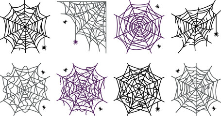 Spooky Halloween cobweb vector collection featuring messy spider web corners ragged nets hanging arachnids and creepy decorative design elements. © Rashidul