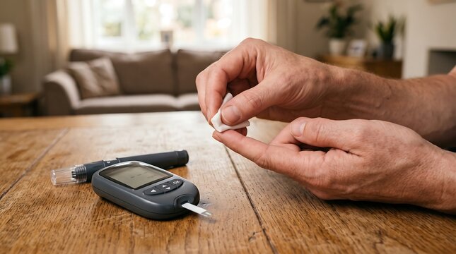 Diabetes Test at Home: A close-up shot shows a person performing a blood glucose test at home, using a glucometer and lancet on their finger, highlighting diabetes management and health monitoring.