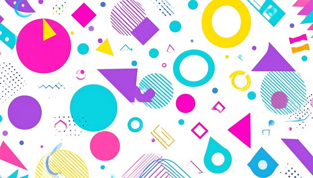Colorful, abstract composition with geometric shapes like circles, triangles, and squares on a white backdrop, with a modern vibe