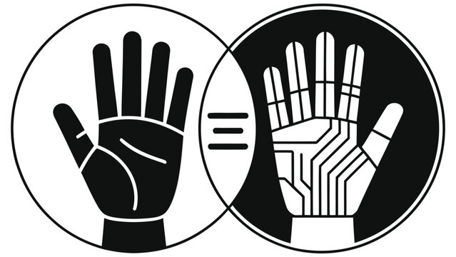 Human Rights vs AI Ethics Concept Vector Illustration with Human and Robotic Hand Equals Symbol Minimalist Black and White Technology Law Design