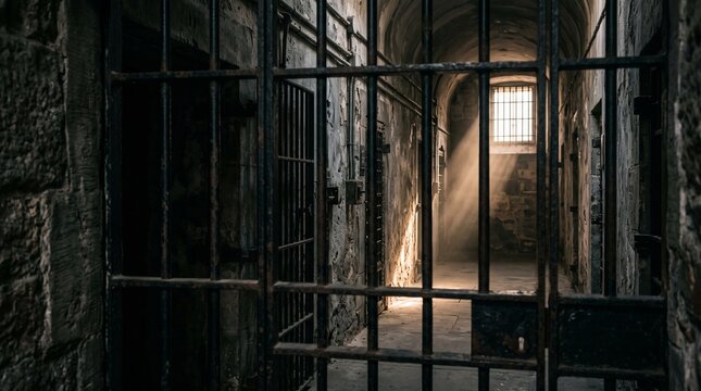 Sunlight streams through a high window into a dark, old prison cell with heavy metal bars.