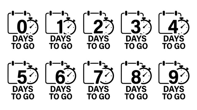 Set of countdown timer icons from zero to nine days to go with calendar and stopwatch graphics