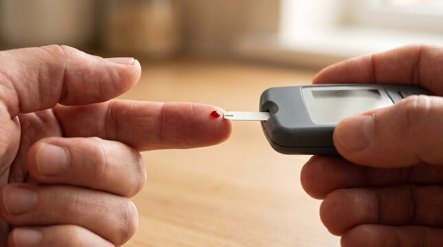 Blood Glucose Test: A close-up of a person pricking their finger to draw blood for a glucose test, with a glucometer device ready to measure sugar level. A vital tool for diabetes management.