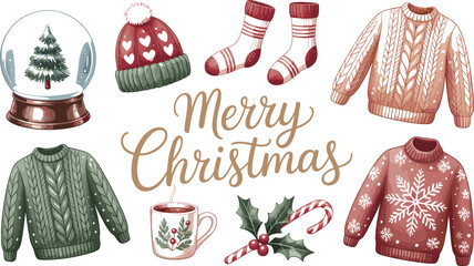 Festive christmas illustration with sweaters snow globe and holiday decor © Abdullah
