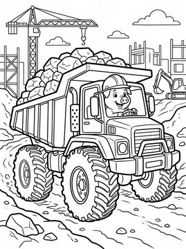 Coloring page, hardworking pig driving a heavy dump truck.