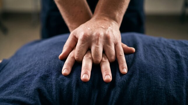 CPR Training Close-up: A close-up shot focusing on a person's hands performing cardiopulmonary resuscitation (CPR) on another individual lying on a dark blue surface.