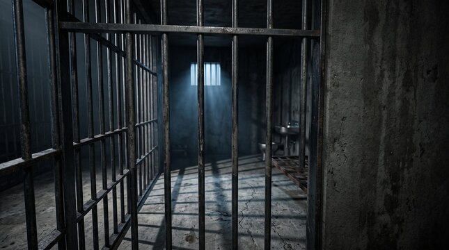 Dark and gloomy prison cell interior with metal bars and a beam of light from a small window, depicting confinement and despair.