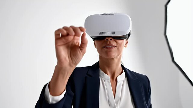 Woman in virtual reality headset interacts with a digital interface, extending hand