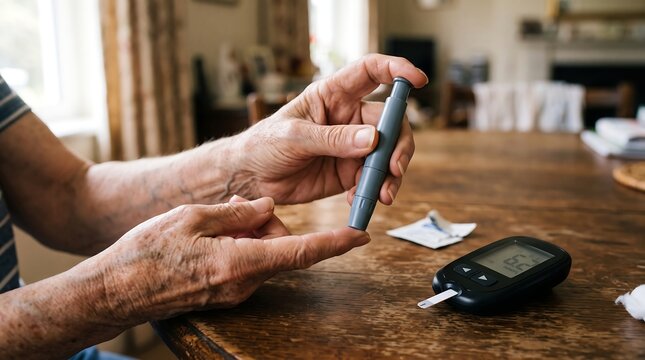 Self-Testing for Diabetes Management: An elderly person carefully uses a glucose meter to check their blood sugar level, highlighting the daily management of diabetes and health monitoring at home.