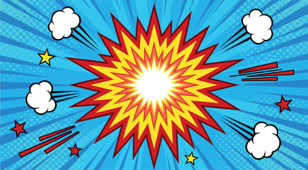 Comic book explosion burst background with bright sunburst rays pop art halftone dots clouds and stars vector illustration. © Rashidul