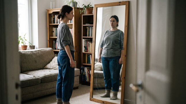 A woman looking at her reflection in a mirror, which shows a distorted, larger image of herself, symbolizing body image issues.