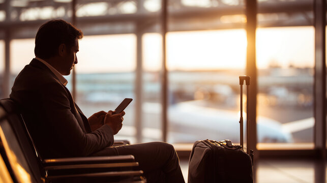 A silhouette of a man sitting in an airport lounge waiting for his flight while checking his phone