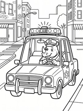 Coloring page, strong rhino driving a classic police car.
