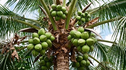 Green coconuts growing on a tall tropical palm tree outdoors