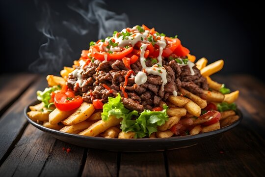 dutch kapsalon fries on a plate topped with meat, lettuce, tomatoes and sauce