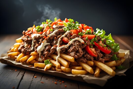 dutch kapsalon fries on a plate topped with meat, lettuce, tomatoes and sauce