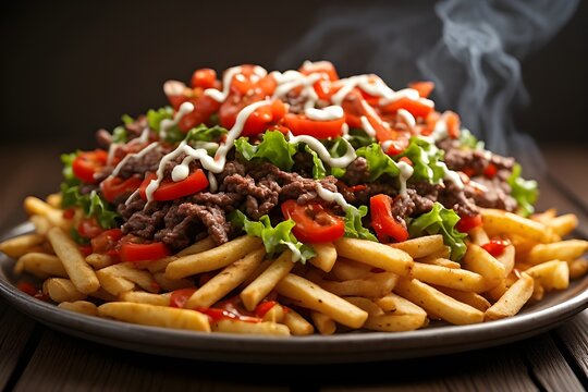 dutch kapsalon fries on a plate topped with meat, lettuce, tomatoes and sauce