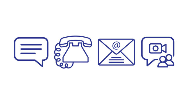 Set of communication contact icons featuring message bubble phone email and call communication envelope telephone conference connection technology interface business