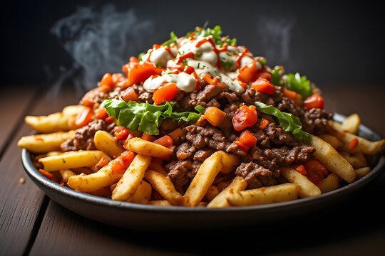dutch kapsalon fries on a plate topped with meat, lettuce, tomatoes and sauce
