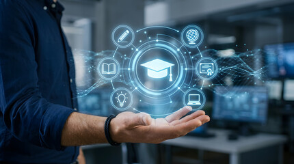 Obraz premium Businessman holds a glowing digital interface featuring educational icons above his open palm to symbolize modern learning technologies and the future of academic advancement in a professional.