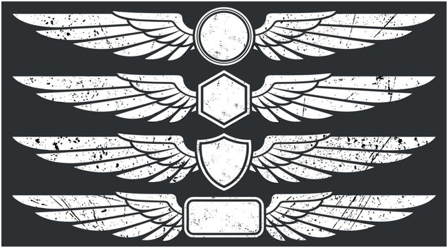 Grunge vintage pilot wings insignia collection with blank shield circle hexagon and rectangle frames vector illustration element set