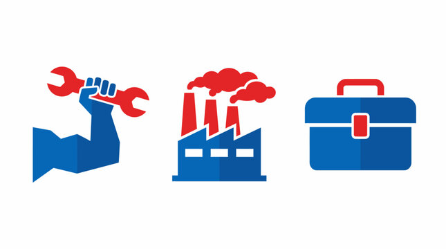 Labor day vector icons set featuring strong hand holding wrench, factory building and toolbox in red and blue flat style isolated on white background
