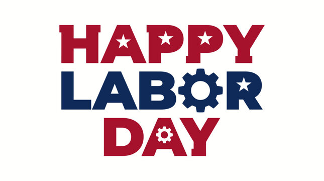 Happy Labor Day vector typography design, two tone red and blue text art isolated on white background for banner, card, or poster