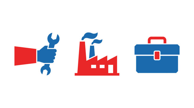 Labor day vector icons set featuring strong hand holding wrench, factory building and toolbox in red and blue flat style isolated on white background