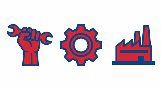 Labor day vector icons set featuring strong hand holding wrench, factory building and toolbox in red and blue flat style isolated on white background