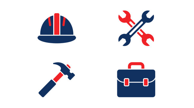 Labor day icon set in flat two tone style with hard hat, wrenches, hammer and industrial gear isolated on white background