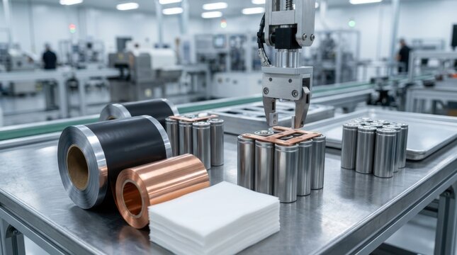Lithium iron phosphate battery production line with pouch cells, copper busbars, electrode rolls, calendaring rollers, and sealed module trays.