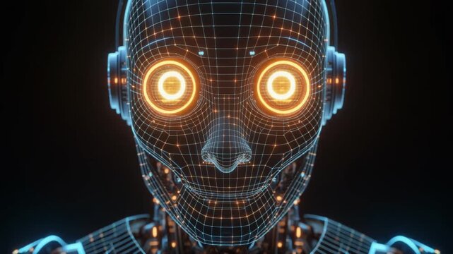 Wireframe humanoid robot head with glowing eyes, symbolizing artificial intelligence, technology, and identity.