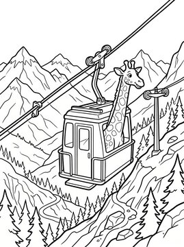 Coloring page, tall giraffe riding in a mountain cable car.