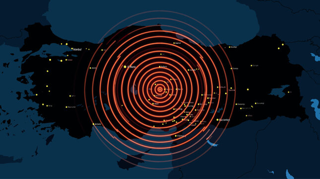 Turkey map with earthquake epicenter showing seismic wave ripples, natural disaster warning, catastrophe risk, and emergency radar concept vector.