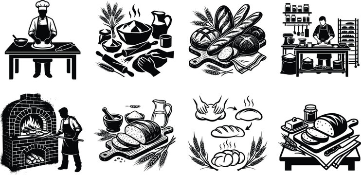 Bakery workshop vector illustration set featuring artisanal bakers kneading dough and baking fresh bread in brick ovenv