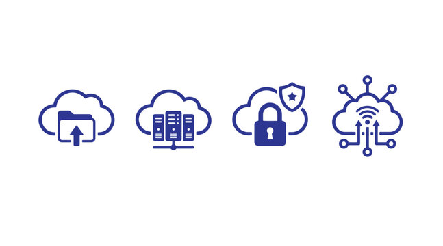 Collection of blue cloud data storage icons representing connectivity and secure information management with security connection computing internet information protection