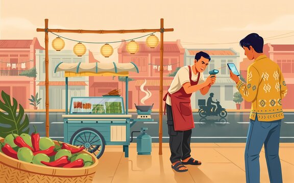 Street Food Vendor Accepting QRIS Digital Payment Illustration, presented as a vibrant digital illus