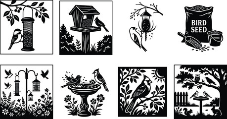 Bird feeding vector graphic set featuring wild birds garden feeders birdbath seed bags and backyard wildlife sanctuaries in image_5aee3a.png © MdSagor