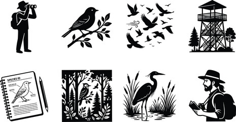 Fototapeta premium Bird watching vector icon set featuring birdwatchers binoculars observation tower field notebook migrating flocks and heron wildlife scenes in image_5a145c.png