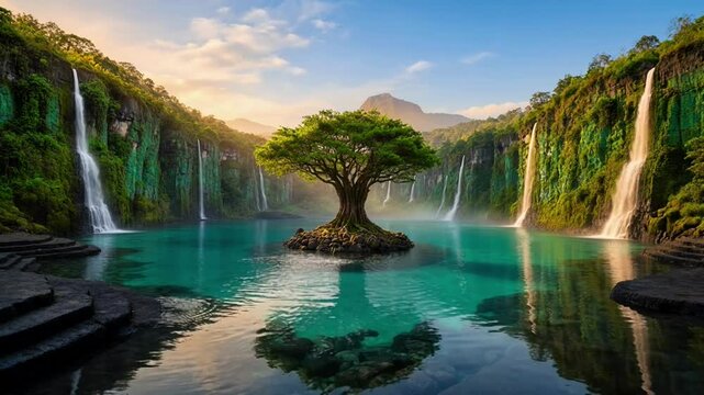 Enchanted Lonely Tree on a Small Island Surrounded by Majestic Tropical Waterfalls in Clear Lagoon