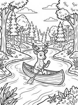 Coloring page, gentle deer paddling a wooden canoe.